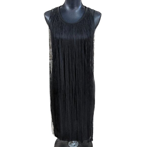Sam Edelman Black Fringe Flapper Dress M Open Back Cocktail Party Gatsby - Picture 1 of 14